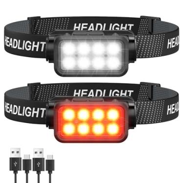 Imagem de Lanterna de cabeça recarregável, 8 LEDs 2500 lúmens, farol super brilhante com luz vermelha branca e sensor de movimento, pacote com 2 lâmpadas à prova d'água para adultos e crianças, faróis para