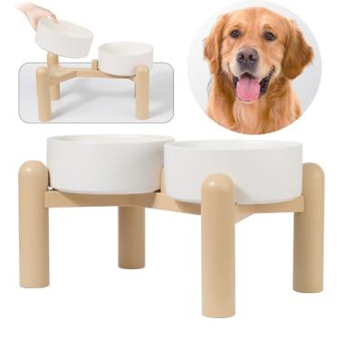 Imagem de Conjunto de tigelas de cerâmica elevada para cães - Pratos duplos resistentes com suporte antiderrapante - Tigelas elevadas para comida e água para cães médios e grandes - 4,5 xícaras (2,011 ml