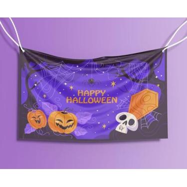 Imagem de Bandeira Decorativa Happy Halloween Roxo Dia Das Bruxas 80cmx140cm Tec