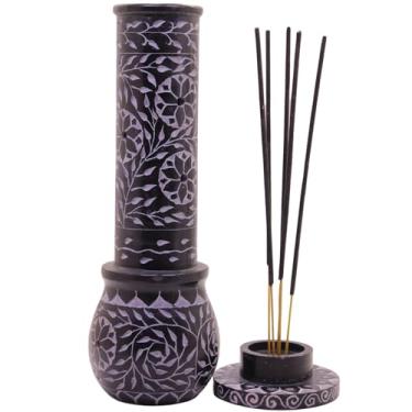 Imagem de KC KULLICRAFT Suporte de bastão de incenso preto de mármore | Queimador de vela | Suporte de luz de chá - Suporte de incenso redondo decorativo para casa e escritório - (3 x 7 x 25 cm)