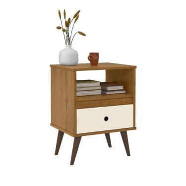 Imagem de mesa de cabeceira estilo retro com pes de madeira