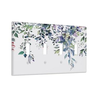 Imagem de Placa de cobertura para interruptor de luz quadriciclo azul verde sge oliva folhas de eucalipto 4 gangues placa decorativa elétrica placa decorativa sem parafuso