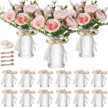 Imagem de Ninehaoou Pacote com 15 vasos de vidro, pequenos vasos de flores, peças centrais, garrafas de vidro com cordas de juta e fita de renda para mesa de jantar de casamento rústica vintage, decoração de