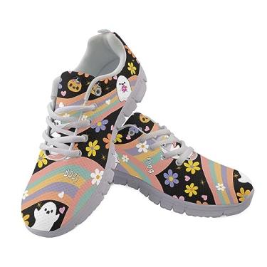Imagem de GIFTPUZZ Tênis esportivo feminino para caminhada, tênis de corrida, cano baixo, antiderrapante, cadarço, tamanho 34 a 44, Flor de abóbora fantasma arco-íris, 37