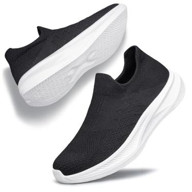 Imagem de TIANYUQI Tênis feminino sem cadarço, confortável, leve, respirável, de malha, tênis, academia, corrida, Preto, branco, 38