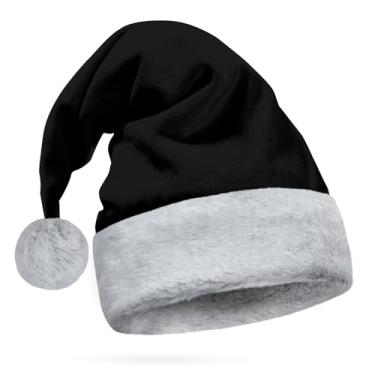 Imagem de Chapéu de Papai Noel preto - Acabamento peludo de luxo cinza e branco, pele de raposa sintética - Acessório de cabeça gótico de Natal de luxo - adulto, 1 tamanho