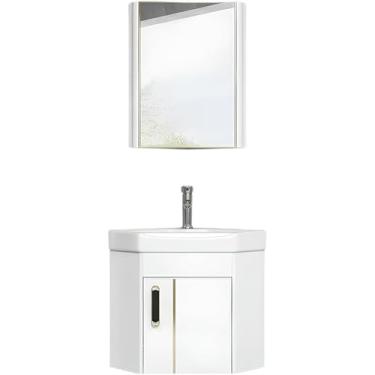 Imagem de Armário De Vaidade De Banheiro De Canto E Pia De Parede, Pia De Cerâmica Prática Multifuncional De Montagem Na Parede Com Armário De Espelho, Pias De, White, 43×43×42cm/16.9×16.9×16.5in