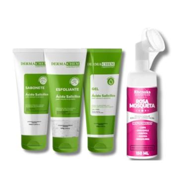 Imagem de Kit Skincare Anti Acne e Oleosidade Sabonete + Esfoliante + Gel Hidratante + Mousse Micelar Limpeza Facial Rosa Mosqueta 150ML