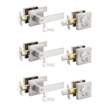 Imagem de Tinewa Pacote com 3 alavancas de porta dianteira/externa com chave de níquel escovado com fechadura de cilindro único, conjuntos de fechadura de maçaneta de porta de entrada quadrada com conjuntos de