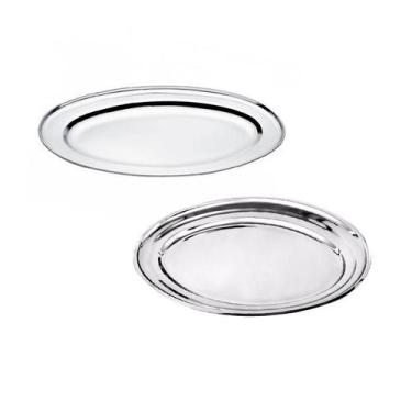 Imagem de Kit 2 Travessas Funda E Rasa Bandeja Oval Inox 34Cm - RT