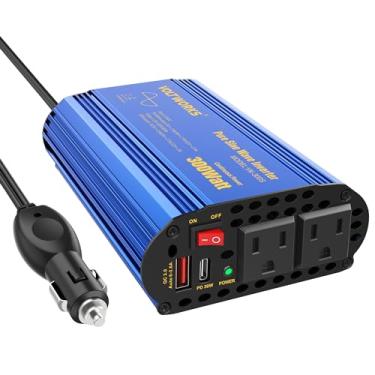 Imagem de Inversor de energia de onda senoidal pura de 300 W para carro, caminhão, RV, adaptador CC 12V para CA 110V 120V com USB-C PD30W e QC3.0 USB-A e 2 tomadas CA compatíveis com bateria de lítio da