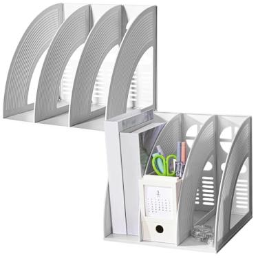 Imagem de SAYEEC Suporte de arquivo de revista, armazenamento de pasta de mesa vazado, organizador de estante de livros, expositores, armazena cadernos de documentos (3 compartimentos - cinza claro x 2)
