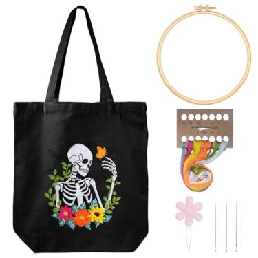 Imagem de Louise Maelys Helloween Kit de bordado de lona para iniciantes, kits de ponto cruz para adultos, artesanato faça você mesmo, estampa de flores de crânio, bolsas de compras reutilizáveis para mulheres