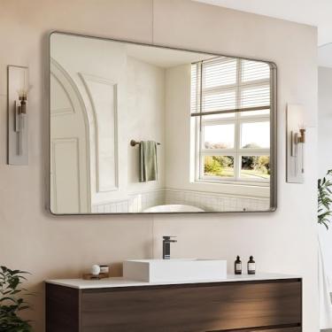 Imagem de miroro Espelho com moldura de metal bronze de 102 x 76 cm para parede, espelho retangular grande arredondado, antiferrugem, vidro temperado, pendurado horizontal ou verticalmente