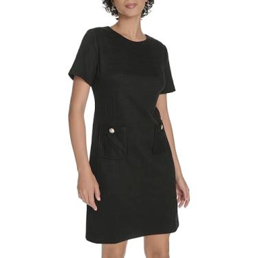 Imagem de Tommy Hilfiger Minivestido feminino de manga curta com gola alta e bainha de botão, Preto, 38