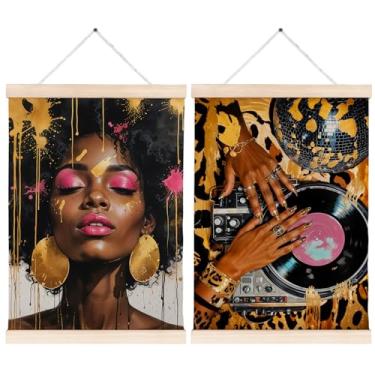 Imagem de FITIE Molduras para pôsteres de arte de parede em tela de disco de vinil de mulher negra inspiradora na moda, toca-discos de CD de músico vintage, impressões de decoração de parede para sala de música
