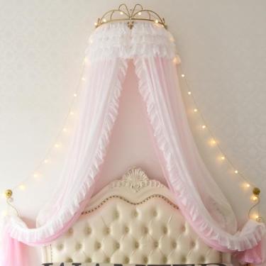 Imagem de GongZhuMeng Menina Cama Cortina Princesa Coroa Crianças Decoração Do Quarto Cabeceira Fio Rede Romântico Princesa Tendas Cama Canopy Valance
