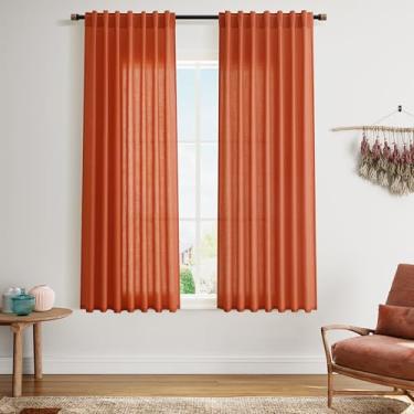 Imagem de Cortinas laranja brilhante 153 cm de comprimento, conjuntos de 2 painéis para sala de estar e quarto, cortinas de linho com filtro de luz para cozinha, janelas, bolso de varão ou cortina de aba