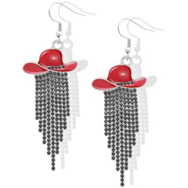 Imagem de RechicGu Western Cowgirl Chapéu Esmaltado Brilhante Strass Borla Brincos Pendentes Baile Country Concertos Rodeio Cowboy Roupas Joias Presente para Mulheres, Zinco, Sem pedra preciosa