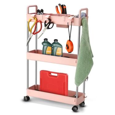 Imagem de Auto Dynasty Carrinho de rodinhas fino de 3 níveis com alça, carrinho utilitário multifunções, organizador de armazenamento móvel com rodas para escritório, banheiro, cozinha, lugares estreitos (rosa)