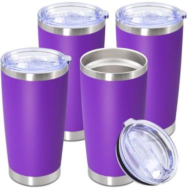 Imagem de Copo de aço inoxidável de 590 ml com tampa, caneca de viagem de parede dupla isolada a vácuo, durável, revestida em pó, caneca para bebidas quentes e frias, roxo, pacote com 4
