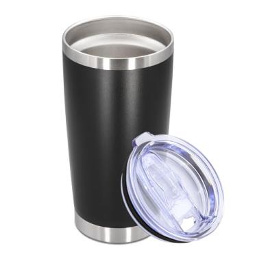 Imagem de Copo de aço inoxidável de 590 ml com tampa, caneca de viagem de parede dupla isolada a vácuo, durável, revestida, pó, para bebidas quentes e frias, preta, 1 pacote