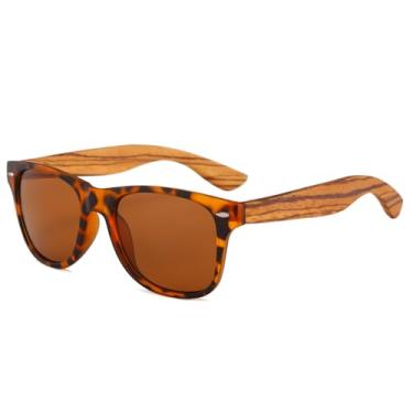 Imagem de Long Keeper Óculos de sol de madeira para homens e mulheres óculos de sol pretos clássicos braços de madeira espelhados óculos de sol retrô dos anos 80, Armação de leopardo - Lente marrom