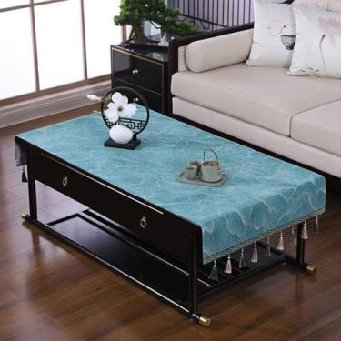 Imagem de Toalha de mesa de centro retangular para sala de estar, toalha de mesa de café, com bolsos e borlas, tecido lavável para cozinha, decoração de casa, decoração de casa, azul 71 x 180 cm