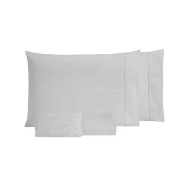 Imagem de Jogo Lençol 100% Algodão 200 Fios C/Elástico Fronhas Ponto Palito Antialérgico (Cinza, Casal)