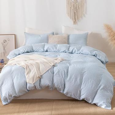 Imagem de YHJWW Jogo de cama de capa de edredom guingão azul pálido pré-lavado, extra macio, confortável, respirável, 3 peças, xadrez, quadriculado, conjunto de capa de edredom bonito (203 x 228 cm, sem edredom