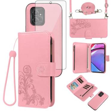 Imagem de Asuwish Capa de celular para Motorola Moto G Power 5G 2023 com zíper carteira magnética destacável com protetor de tela de vidro temperado, alça transversal, suporte de cartão de flores GPower G5