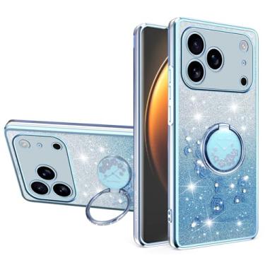 Imagem de MRRSIWEI Capa com glitter para APP 107 Pro, capa luxuosa com flores brilhantes à prova de choque para mulheres e meninas com suporte de anel para IPE 107 Pro. Flores azuis