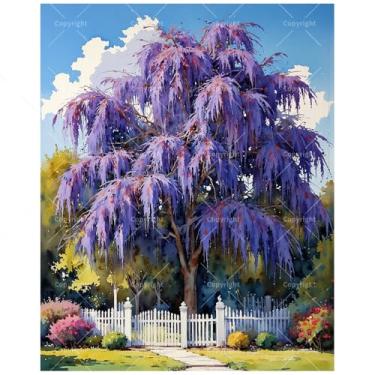 Imagem de Kit de pintura roxa em cascata por números para adultos – Pintura DIY de árvore e cerca em tela 41 x 50 cm, conjunto de tinta acrílica, adequado para iniciantes, ótima arte para decoração de casa ou