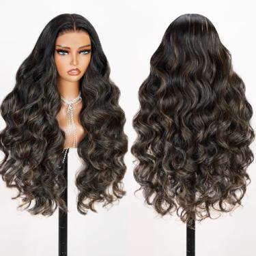 Imagem de TESLAL Peruca sem cola Balayage Wear and Go pré-cortada HD Lace 15 x 15 peruca de renda 55 cm 260% densidade 1B/27 Destaque ondulado cabelo humano mistura perucas de fibra premium da Crafted