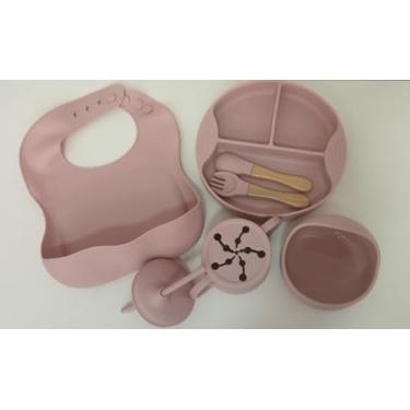 Imagem de Medk Kit Alimentação Infantil - Silicone Livre de BPA com Ventosas e Design Encantador. (Rosa com cabo de madeira)