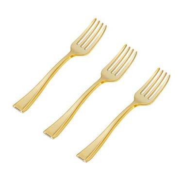 Imagem de Mini garfos de plástico descartáveis N9R 200 unidades douradas 10 cm