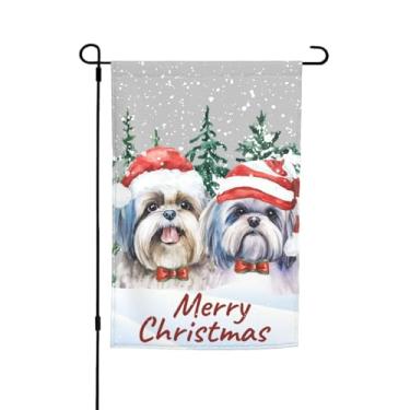 Imagem de Merry Christmas Shih Tzu fofo filhote de cachorro bandeira de jardim de neve 30,5 x 45,7 cm decoração vertical dupla face bandeira pequena para uso externo sazonal ao ar livre