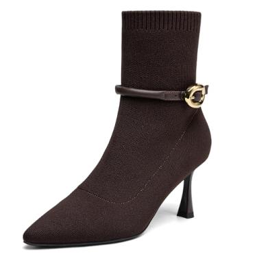 Imagem de NEWBELLA COSY Botas femininas de bico fino no tornozelo – Botas elegantes de salto gatinho de 7 cm, botas de inverno sem cadarço para outono e inverno, Marrom, 38