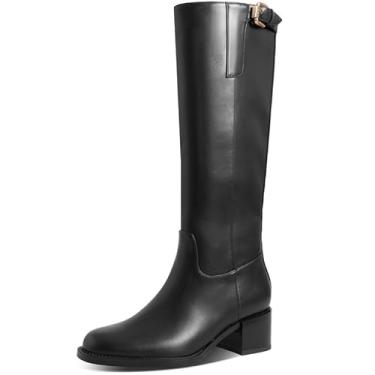 Imagem de ITOZER Botas de cano alto femininas salto grosso bico redondo com zíper duplo lateral botas altas para mulheres salto bloco longo couro sintético botas para festa vestido trabalho, Preto, 40
