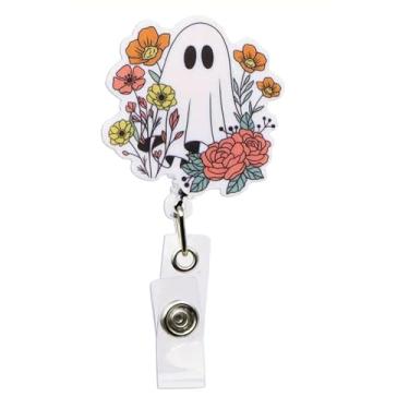 Imagem de Carretel de crachá de Halloween fantasma fofo vintage floral carretel com clipe giratório retrátil suporte de crachá de outono cartão de identificação clipe jacaré para equipe médica, assistente