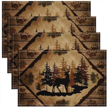 Imagem de Jogo americano de cabana bonito silhueta de veado floresta pinheiros tapetes de mesa para crianças adolescentes adultos marrom retrô quadriculado animal impressão pata tapetes de cozinha para mesa de
