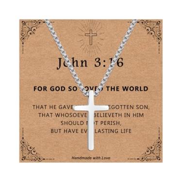 Imagem de Colar de cruz para meninos homens, prata, minimalista, aço inoxidável, pingente de cruz com cartão de versículo da Bíblia, presentes religiosos de aniversário de batismo de Natal cristão para filho