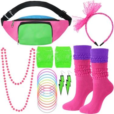 Imagem de Handepo Conjunto de 19 acessórios de fantasia dos anos 80 neon retrô anos 80 pochete faixa de cabelo luvas arrastão pulseira brincos colar meias (cor elegante)