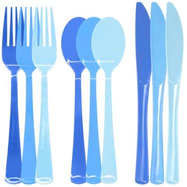 Imagem de Conjunto de talheres de plástico azul gradiente, 180 peças, descartáveis, 60 facas, 60 colheres para aniversário, chá de bebê, piquenique