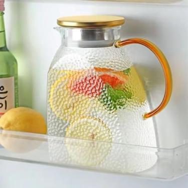 Imagem de Jarra de vidro de 1,8 L com tampa dourada de aço inoxidável – Jarro de água ideal para porta de geladeira para bebidas quentes ou frias, chá gelado, suco, leite, café, limonada