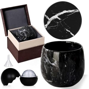 Imagem de Futtumy Copo de uísque de mármore, presentes de vidro Bourbon à moda antiga para homens, molde de hóquei no gelo de silicone, porta-copos e caixa de presente, conjunto de aniversário de uísque preto