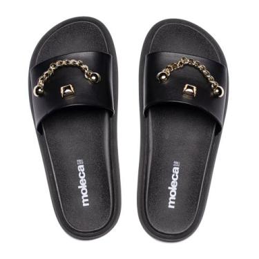 Imagem de Chinelo Slide Feminino Moleca Flatform Detalhe Preto/Dourado, Preto, D