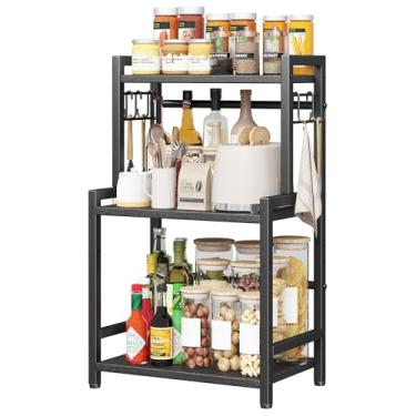 Imagem de Organizador de bancada de cozinha, organizador grande de 3 níveis com prateleira ajustável e 5 ganchos, organizador de balcão de madeira, prateleira de bancada com economia de espaço, suporte de