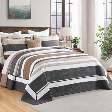 Imagem de SahSahCasa 304,8 cm x 259,1 cm 100% algodão colcha queen grande conjunto de colcha listrada, colcha acolchoada extra grande, colcha de cama GG, edredom leve, 3 peças, carvão/marrom/bege