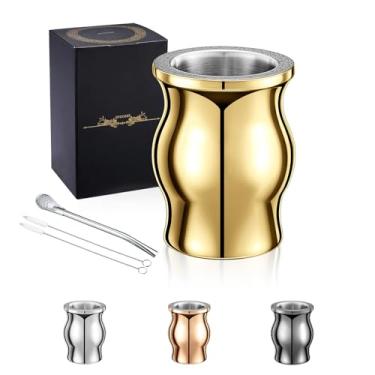 Imagem de proceat Xícara de erva mate, cuia mate inclui copo mate, aço inoxidável, bombilla (palha), escova | cabaça de erva mate - 241 g, altamente polida | Xícaras de chá mate de erva mate | (dourado)